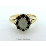 9ct Yellow Gold Opal Diamond Sapphire Cluster Ring 2.7g, Size O, Full hallmark