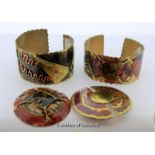 Two Collage Cuffs and Two Brooches.