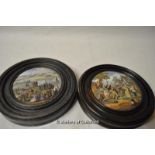 Two Victorian pot lids, The Village Wedding and one other, both framed.