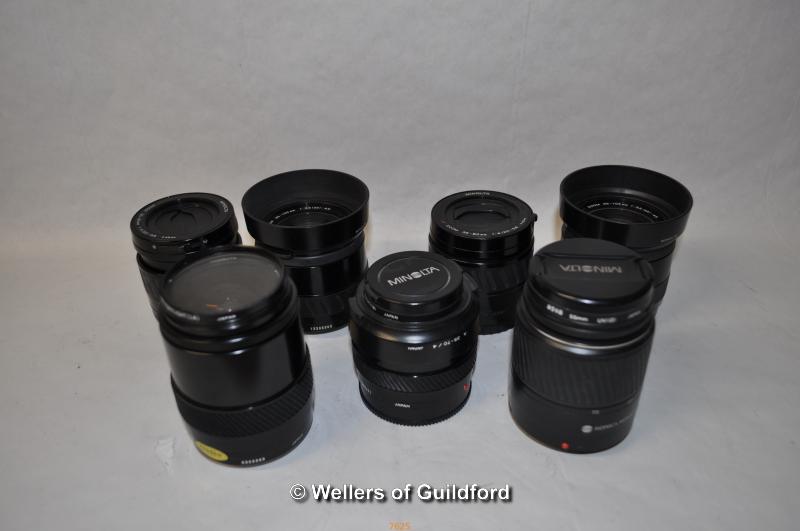 Seven Minolta camera lenses; models AF Zoom 35-80mm 1:4(22)-5.6 (82212909); AF Zoom 35-105mm 1:3.5(