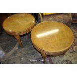 A pair of Art Deco blonde wood circular coffee table, 62cm diameter.