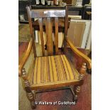 A pair of wheelback single chairs with hoop stretcher and cabriole legs; a 1920's oak carver. (3)