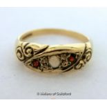 9ct Yellow Gold Opal Garnet Gypsy Ring 2.9g, size P, Full Hallmark