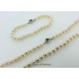 *Silver pearl necklace and bracelet with silver flower clasp (Lot subject to VAT)