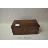 *Mahogany box with marquetry inlay, lacking liners, velvet lining to inside of lid, with key (Lot
