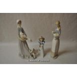 Two Lladro figures: young lady with lamb, lady with dog and duck; Nao figure of child in clown