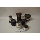 Eight assorted camera lenses. Models include; Voigtlander Super-Dynarex 1:4/135 (5276713), in