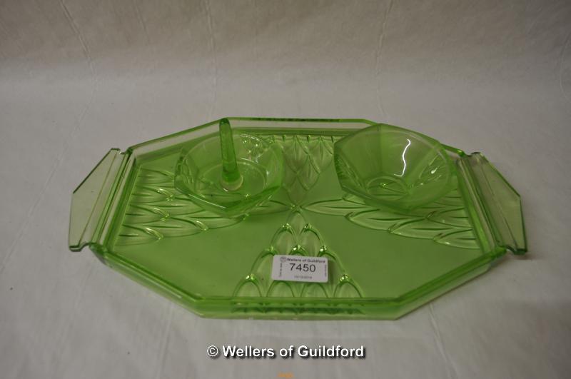 *Uranium green glass part dressing table set (Lot subject to VAT)
