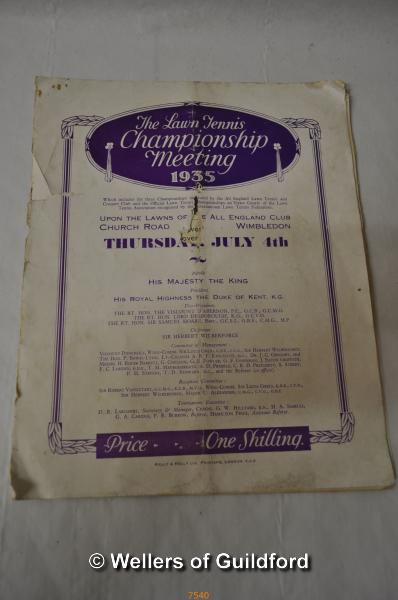 Wimbledon Lawn Tennis Championsip Meeting, 1935 programme for the men's final between Fred Perry and