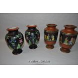 A pair of Victorian vases of globular form, the black ground painted with flowers, 15cm; a pair of