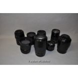 Eight Minolta camera lenses, models include AF Zoom 35-70mm 1:3.5 (22)-4.5 (54529441); AF Zoom 80-