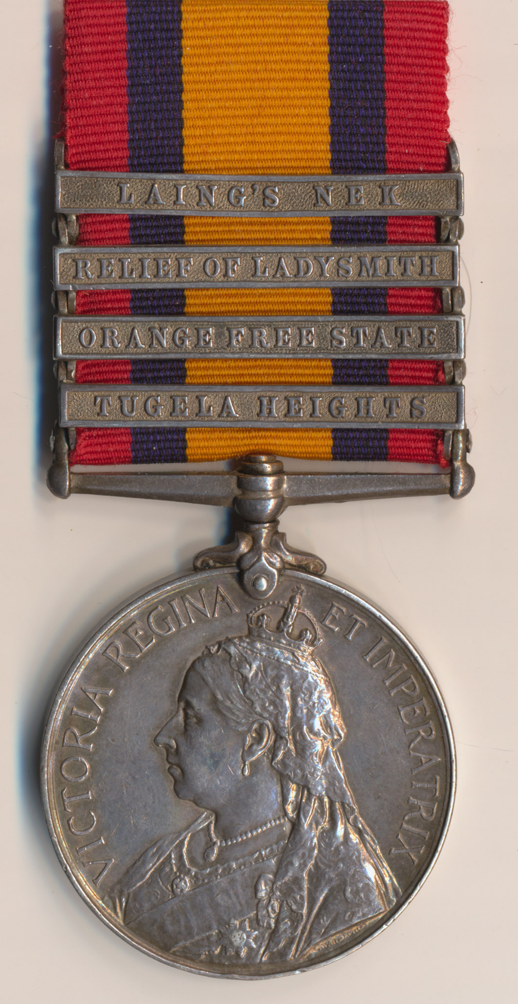 Queens South Africa Medal, four clasps, Tugela Heights, Orange Free State, Relief of Ladysmith and