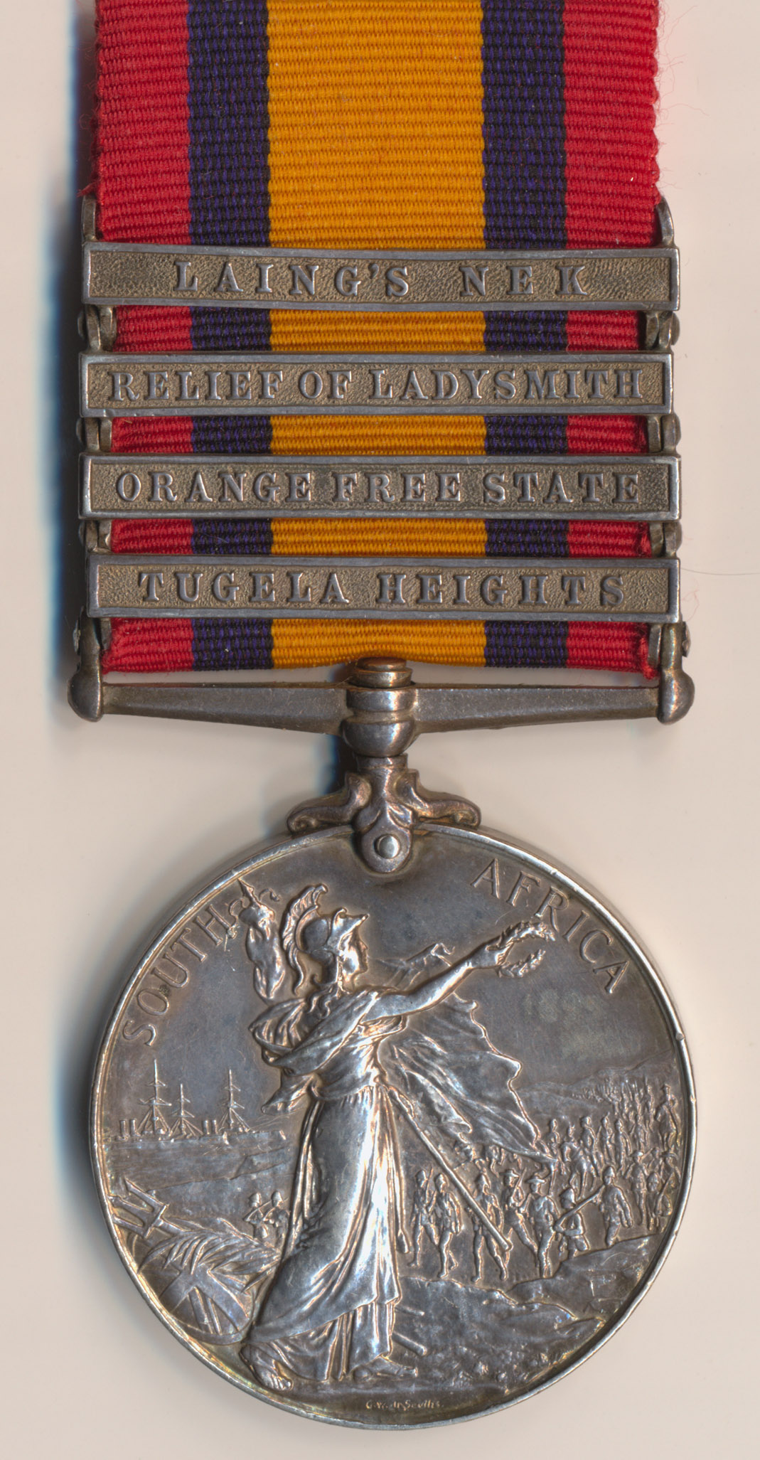 Queens South Africa Medal, four clasps, Tugela Heights, Orange Free State, Relief of Ladysmith and - Image 2 of 4