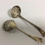 Two silver sifter spoons with pierced bowls. Appro