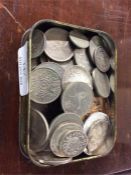 A tin containing old Crowns and other coins etc.