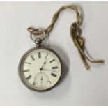 A silver engine turned pocket watch with white ena