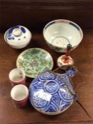 Oriental china together with a blue flask etc.