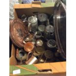 A box containing plated ware and copper ware.
