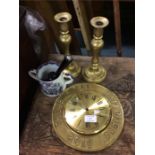 A pair of brass candlesticks, shaving mug etc.