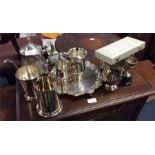 A quantity of plated tankards, salver etc.