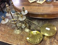 Brass candlesticks, chestnut roasters etc.