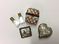 Two Limoges boxes together with a Limoges brooch.