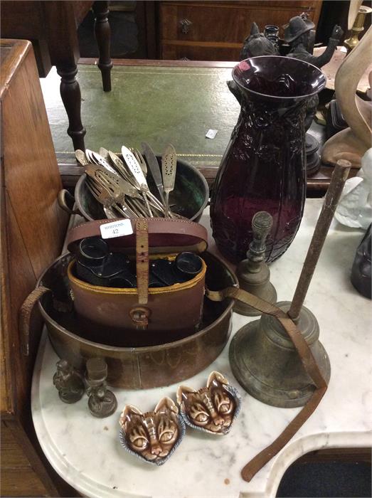 Old binoculars, copper ware, brass vases etc.