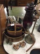 Old binoculars, copper ware, brass vases etc.
