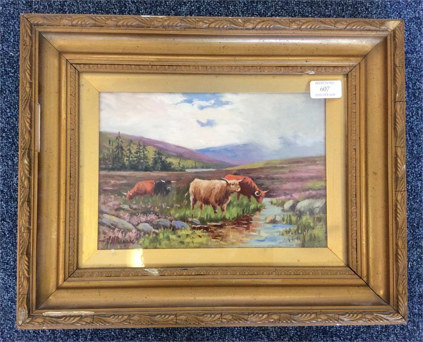 RENNIE: A gilt framed oil on canvas of cattle by a