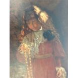 A large oil on canvas of a girl clutching beads in