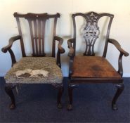 Two mahogany carver chairs with slip-in seats. Est