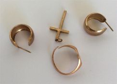 A gold signet ring together with ear clips etc. Es