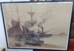 A large framed and glazed picture of a harbour sce