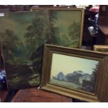 A pair of old oil paintings together with one othe