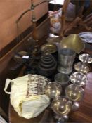 Two sets of kitchen scales, pewter mugs etc.