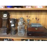 An old miner's lamp, decanter, cutlery set, etc.