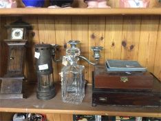 An old miner's lamp, decanter, cutlery set, etc.