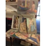 A collection of unframed painting of nudes by June