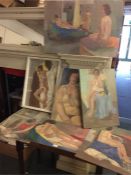 A collection of unframed painting of nudes by June