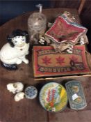 Old enamelled tins, Staffordshire dogs, bags, etc.