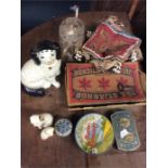 Old enamelled tins, Staffordshire dogs, bags, etc.