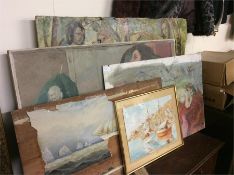 A collection of framed oil paintings.