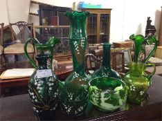 Some green Mary Gregory type vases, etc.