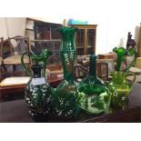 Some green Mary Gregory type vases, etc.