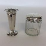 A silver mounted pin jar with hinged top together