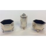 A silver three piece cruet of hexagonal form. Birm