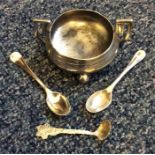 A heavy Victorian cast salt together with spoons e