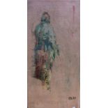 An unframed oil on canvas of a figure with pink ba