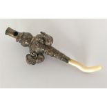 A small silver rattle with MOP teether embossed wi