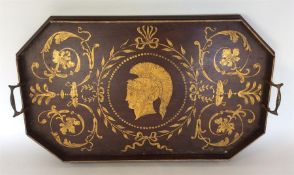A good mahogany tray with gilt decoration. Est. £5